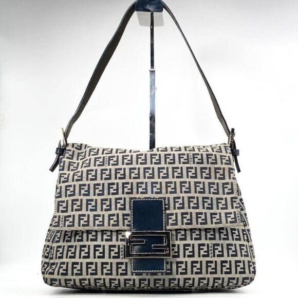 Authentic FENDI Mamma Zucca Bucket Baguette Navy Tan Flap Bag Purse Tote FF - Picture 1 of 10